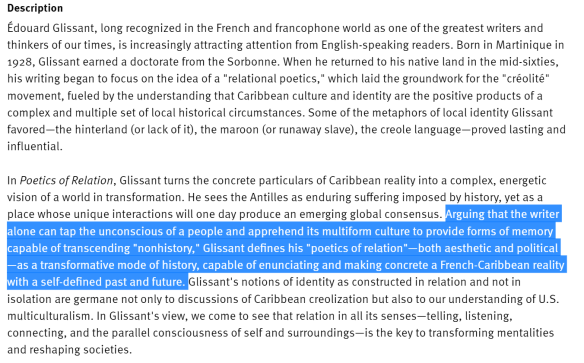 relational poetics pour Edouard Glissant